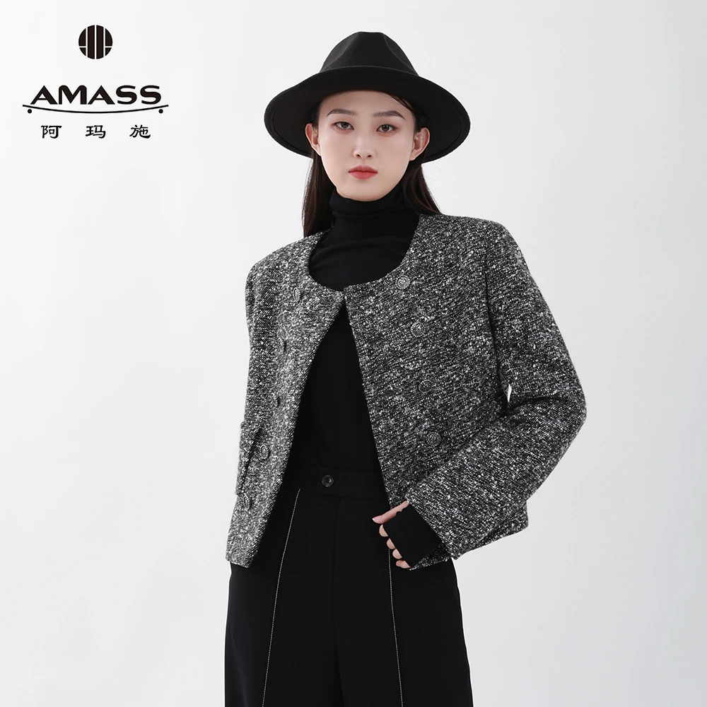 阿玛施AMASS女装冬款通勤长袖经典千金短款小香风花呢外套5400837