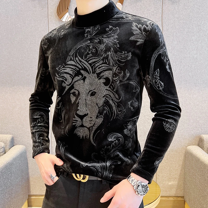新款男士卫衣时尚青年狮头印花金丝绒半高领长袖秋冬潮流打底上衣