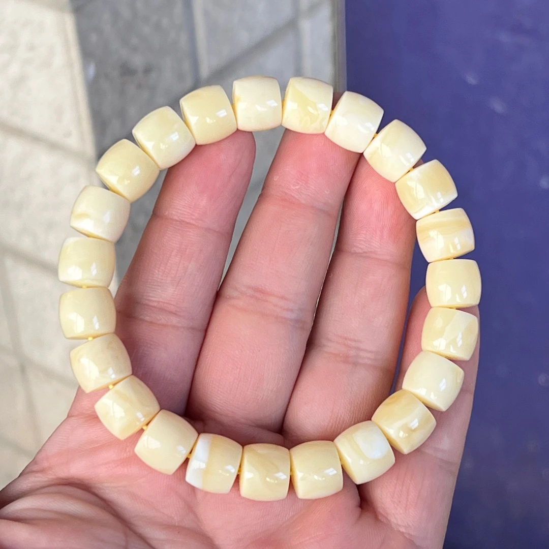 10.5mm天然精品俄料满蜡奶白花精工直切蜜蜡手串#16.5