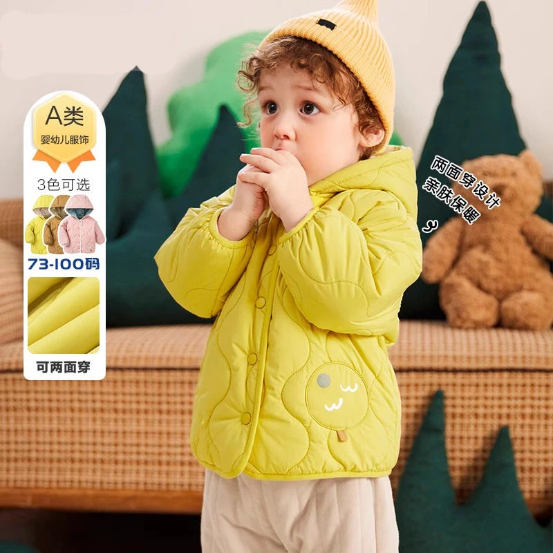 A类婴幼儿轻薄款双面穿棉服男女童卡通连帽外套秋冬季宝宝衣服