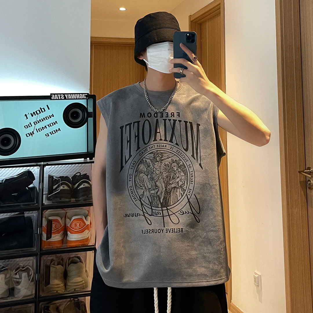 大白鲨夏季薄款背心男女美式高街复古无袖t恤宽松ins百搭运动坎肩