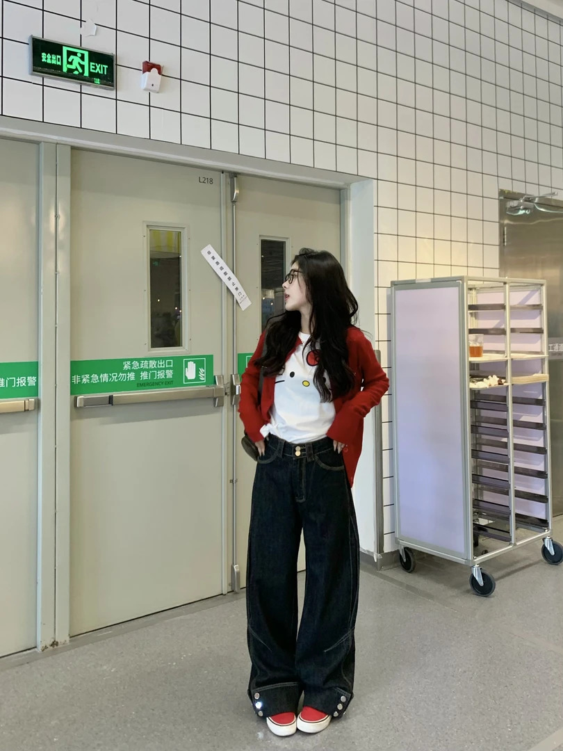 姜大侠【挚爱出街】小众设计感美式复古宽松直筒高腰牛仔裤重工翻边