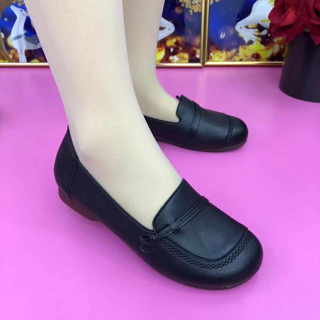 圆头真真皮牛筋软底单鞋轻便舒服好穿复古豆豆鞋舒适平底妈妈单鞋
