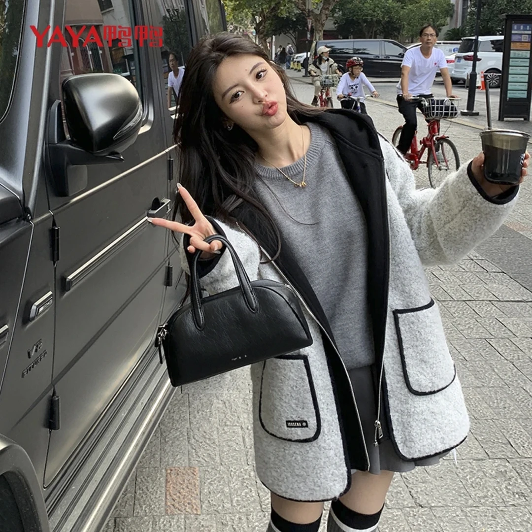 YAYA/鸭鸭鹅绒服女 2023年冬季毛呢翻领休闲新款时尚百搭保暖外套