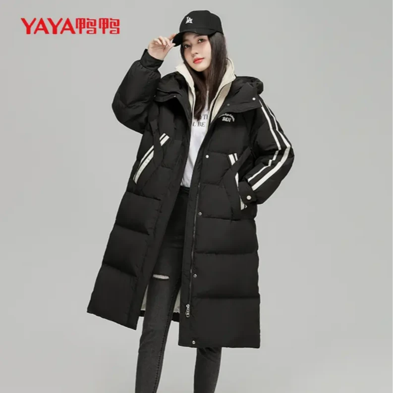 YAYA/鸭鸭长款羽绒服运动收腰显瘦时尚韩版保暖连帽反季羽绒服女