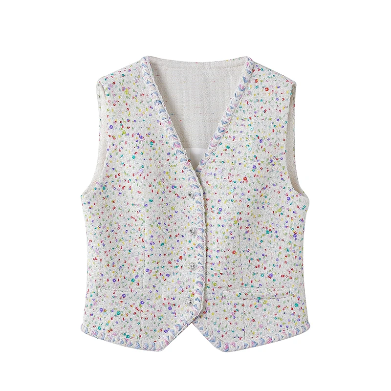 2号【鎏光溢彩】秋冬名媛高端气质V领重工彩色亮片编织马甲外套C692