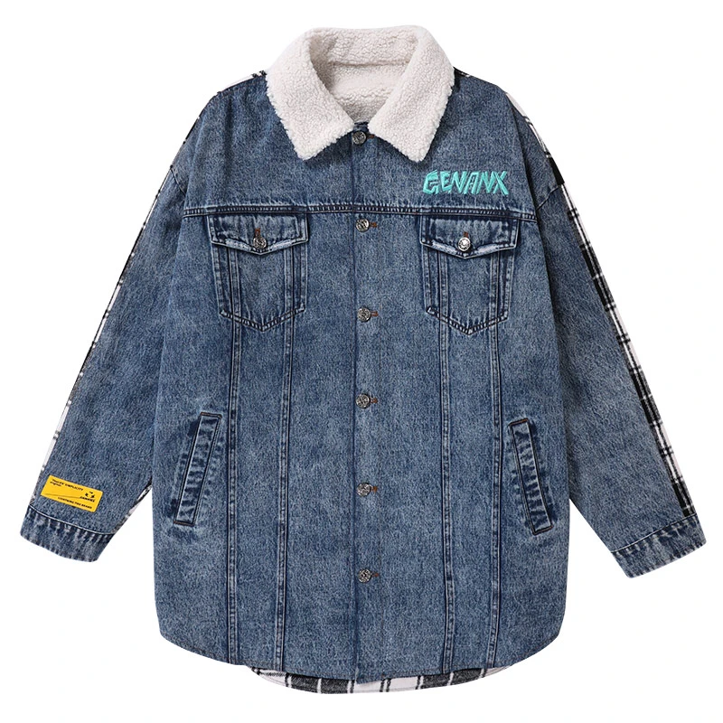 GENANX闪电潮牌外套异料撞色拼接格纹绣花羊羔绒牛仔棉衣男J559