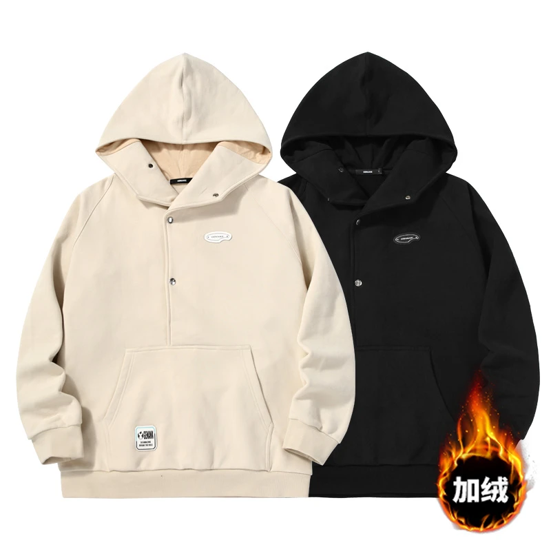 GENANX闪电潮牌闪电君印花绣花四合扣半襟连帽加绒卫衣男W1045