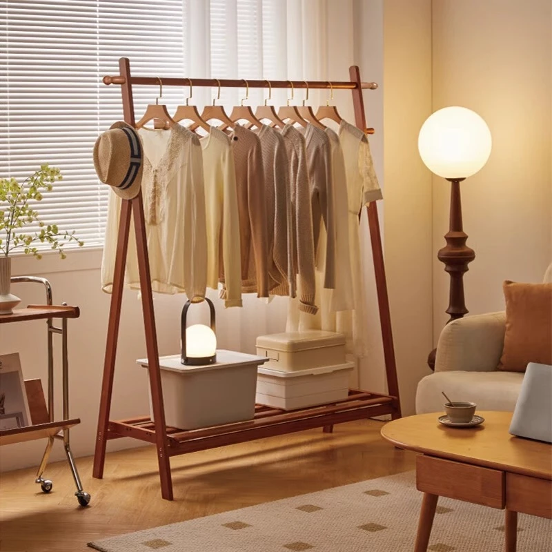 实木挂衣架落地挂包架卧室中古风设计师款可折叠多功能木质衣帽架