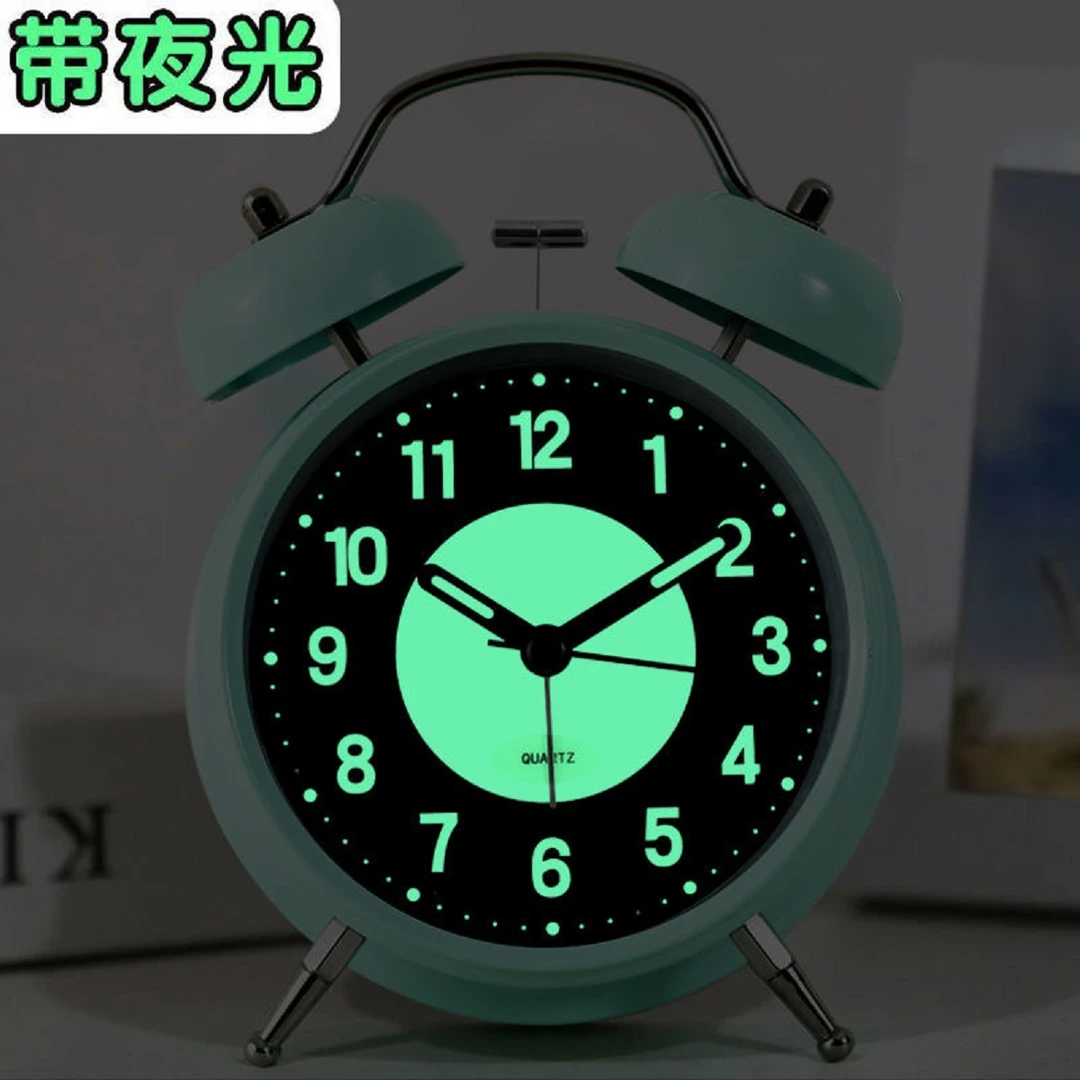 可充电学生闹钟老式金属打铃超大声走时静夜光室床头小夜灯闹钟