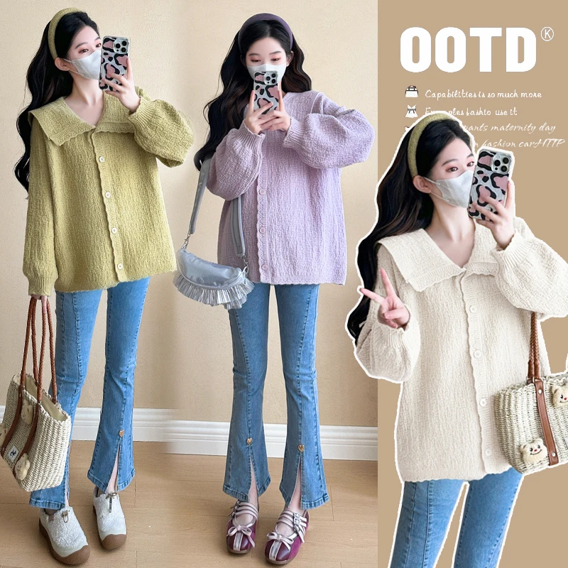 孕妇装秋装针织小衫时尚款新款外穿韩版翻领上衣女洋气宽松长袖衫
