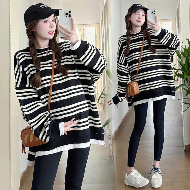 孕妇卫衣2024春秋新款孕妇时尚经典条纹宽松大码假两件孕妇卫衣