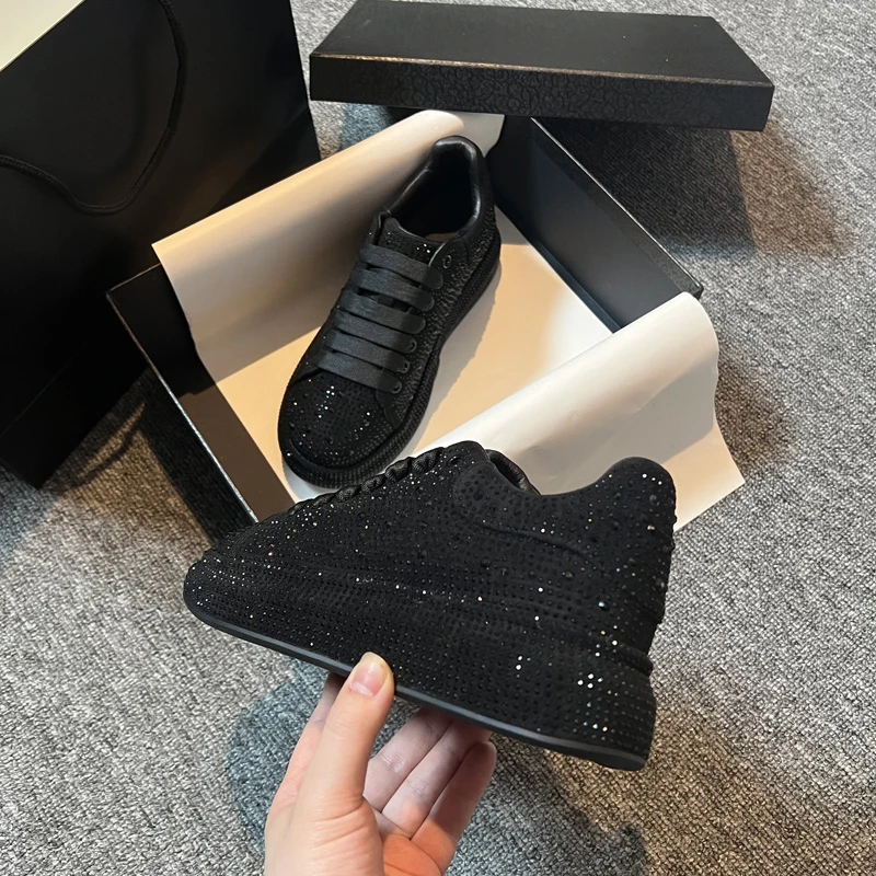 欧洲站运动板鞋2024秋季新款满钻休闲松糕厚底鞋百搭真皮水钻单鞋