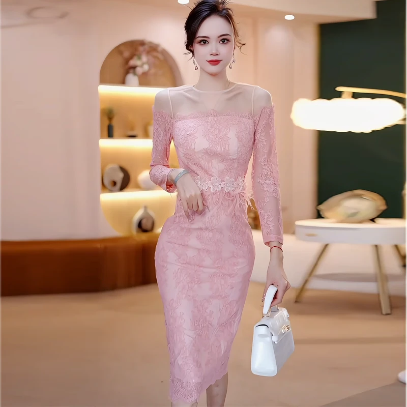 春季新款气质蕾丝打底裙性感包臀女人味减龄粉色高级感连衣裙1756