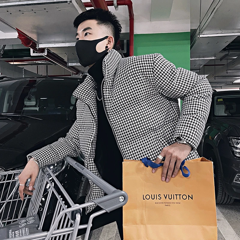 新款棉衣男冬装加厚短款外套精神小伙棉服潮修身男上衣千鸟格棉袄