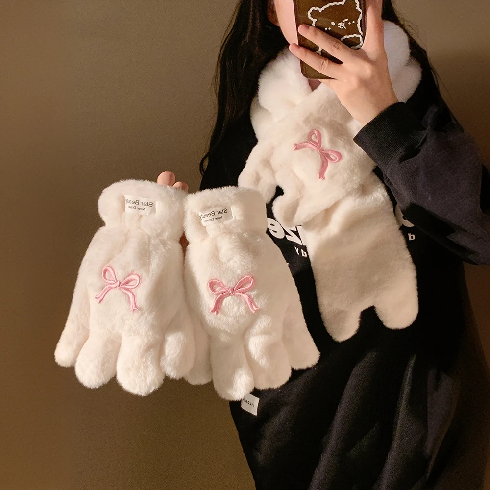 可爱蝴蝶结毛绒五指骑行手套女冬季保暖加绒加厚骑车防寒护颈围脖