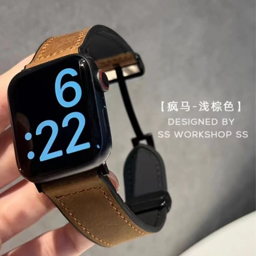 适用iwatch苹果S9ultra手表表带硅胶磁吸折叠扣真皮表带高级质感