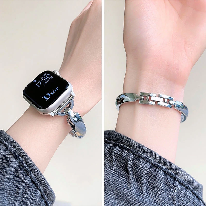适用AppleWatch手镯式金属表带简约适用苹果表带S8/S7不锈钢表带