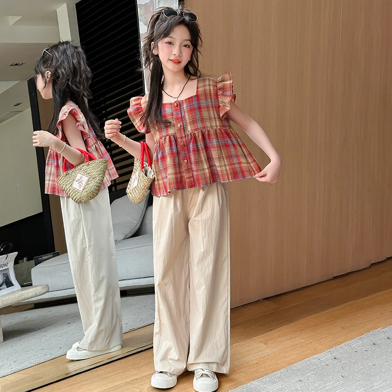 女童阔腿裤套装夏款2024洋气新款时尚儿童网红格子飞袖上衣山本裤
