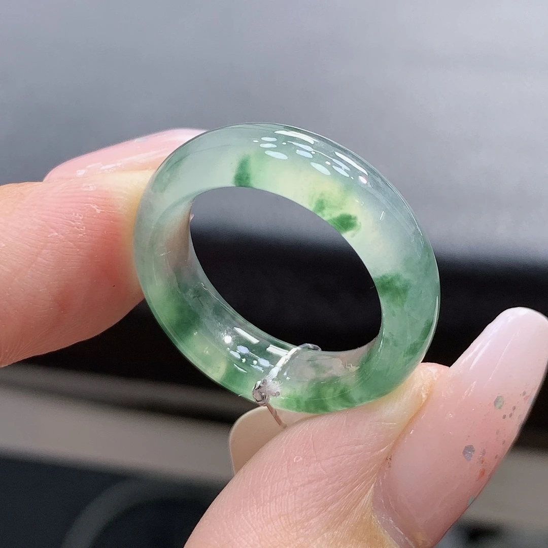15号 冰底冰种晴水底飘绿花色翡翠戒圈 内径17.3-6.6-3.7