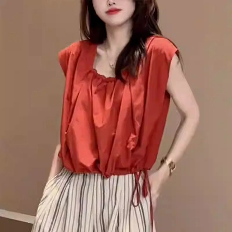 衬衣女款2024新款洋气无袖方领衬衫抽褶小众设计感显瘦时尚上衣