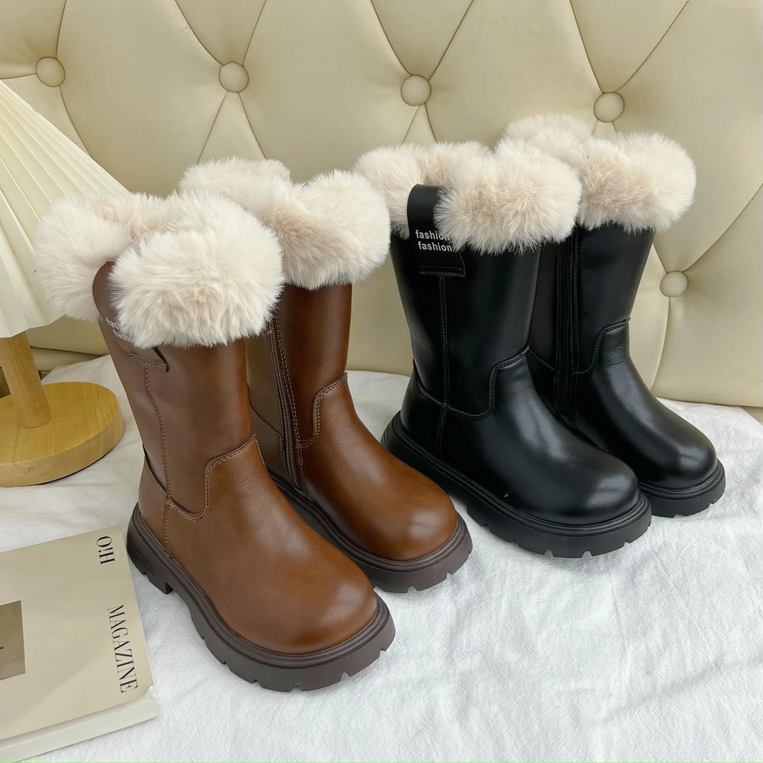 女童加绒高筒靴子2024秋冬季新款儿童加绒保暖皮靴长靴洋气冬靴潮