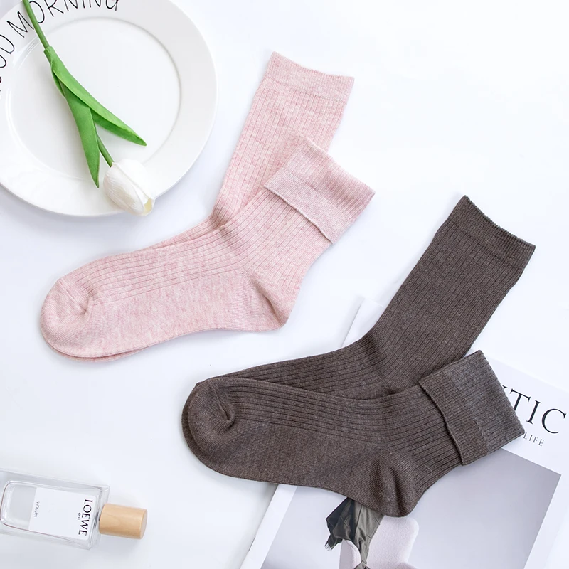 天竺良品双针抽条素色长袜男女长袜高罗口防臭吸汗中筒RHLW0045