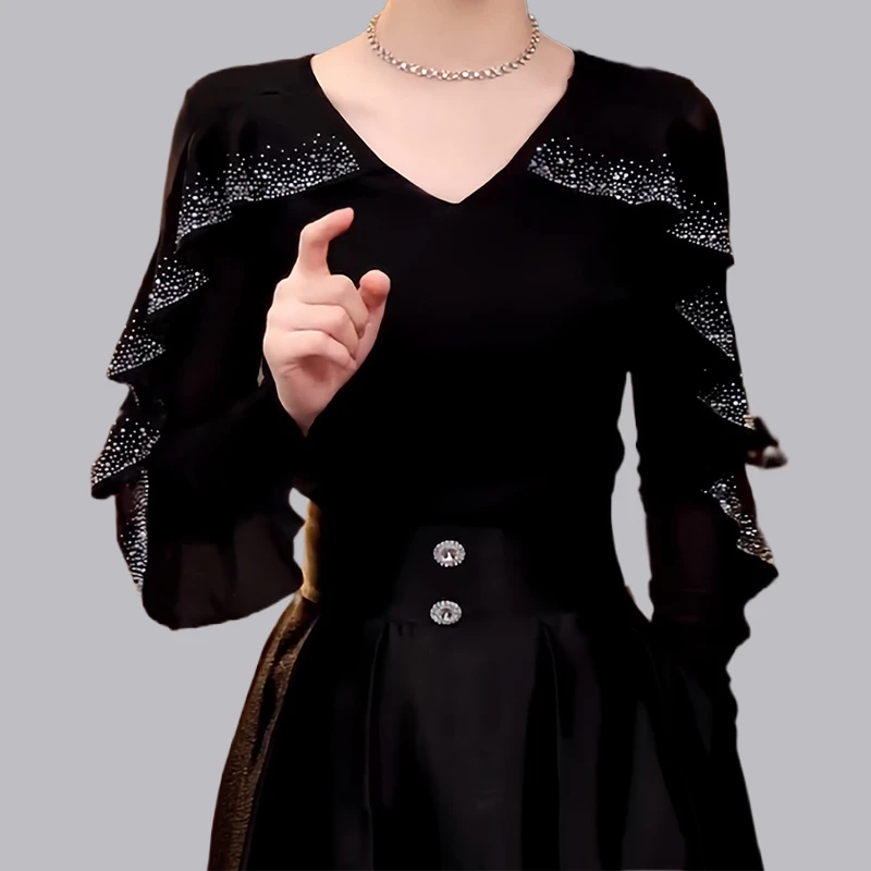 广场舞练功服V领女高级感烫钻荷叶边T恤摩登舞拉丁舞舞服