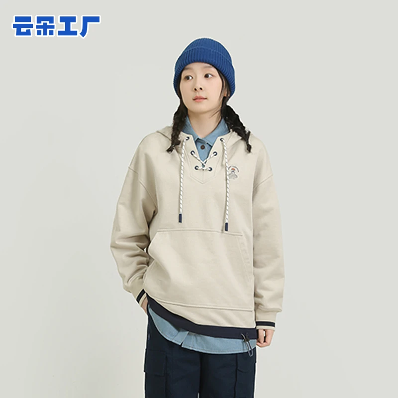 八头船抽绳连帽卫衣灰白色女早秋短款套头上衣宽松休闲甲板服