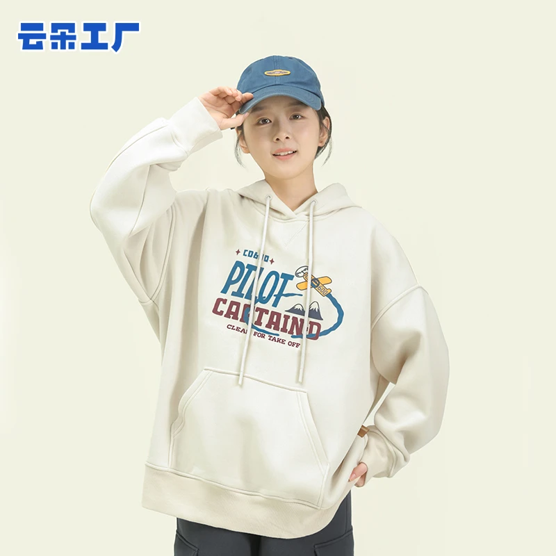 云朵工厂飞行员连帽抽绳印花卫衣宽松休闲秋冬加绒落肩袖
