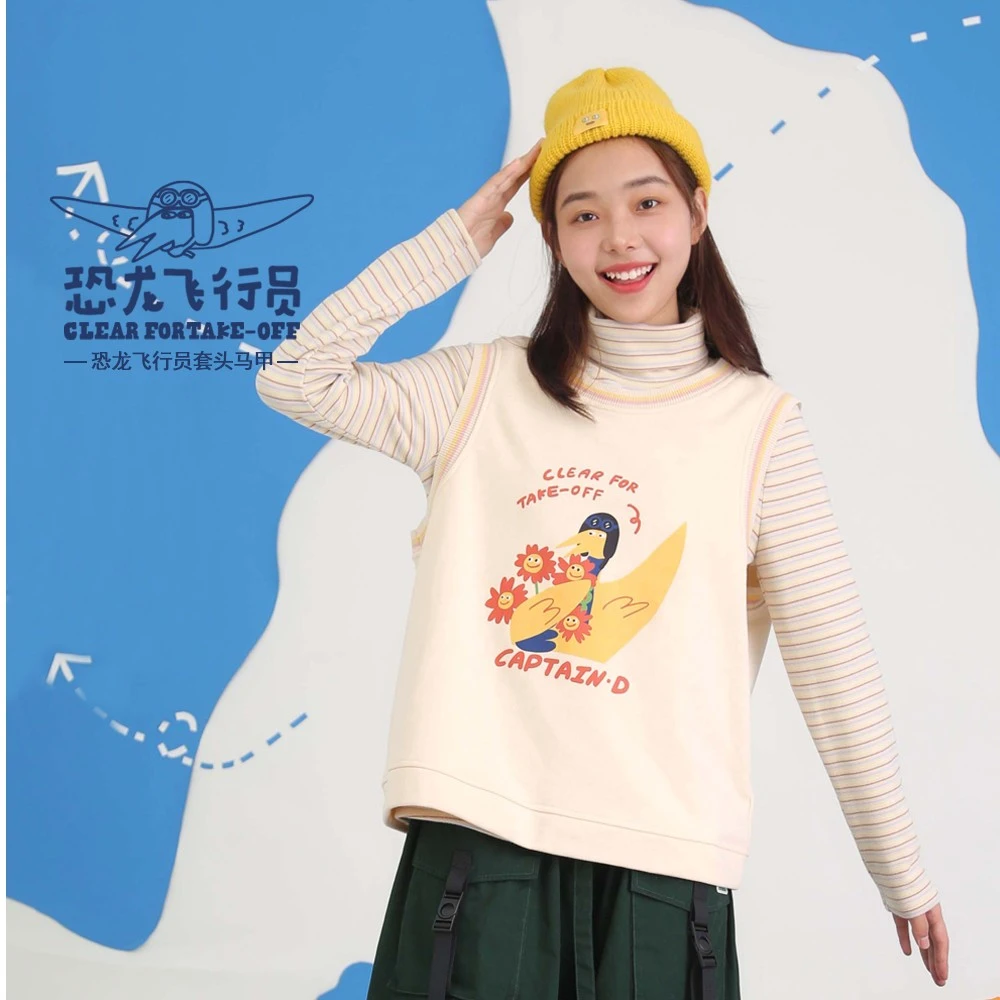 恐龙云朵工厂飞行员套头马甲秋季女学院风外搭圆领可爱无袖坎肩