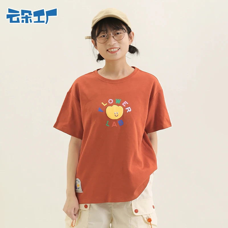 云朵工厂花学家彩色字母印花T恤夏季新款纯色圆领短袖上衣宽松女