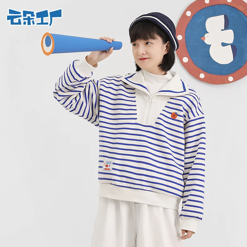 云朵工厂八头船海军领条纹卫衣半拉链POLO领条纹宽松套头上衣女款