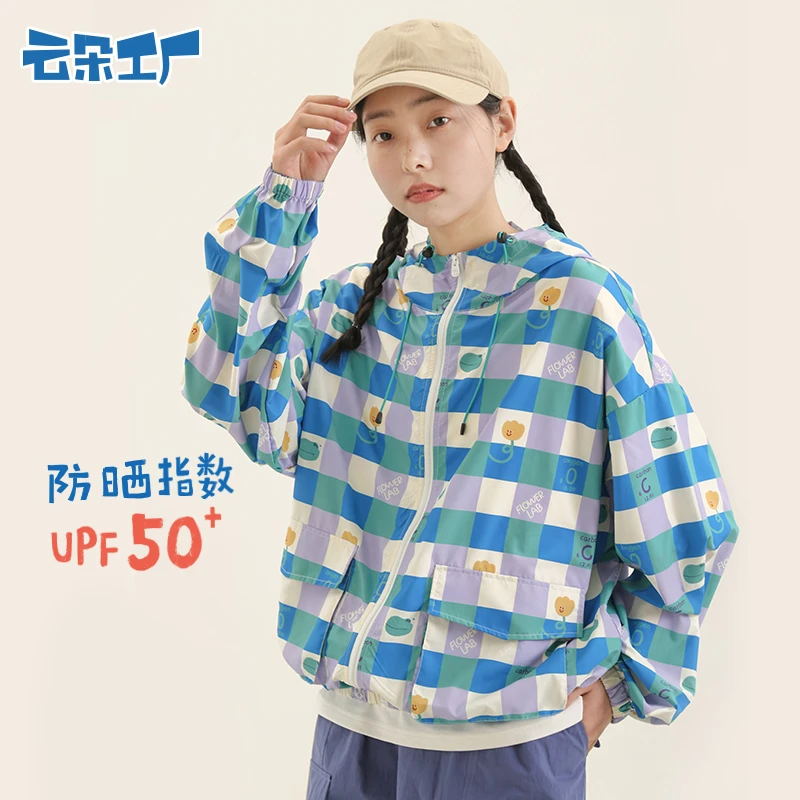 云朵工厂花学家连帽印花防晒外套格纹开衫上衣夏季女防晒衣
