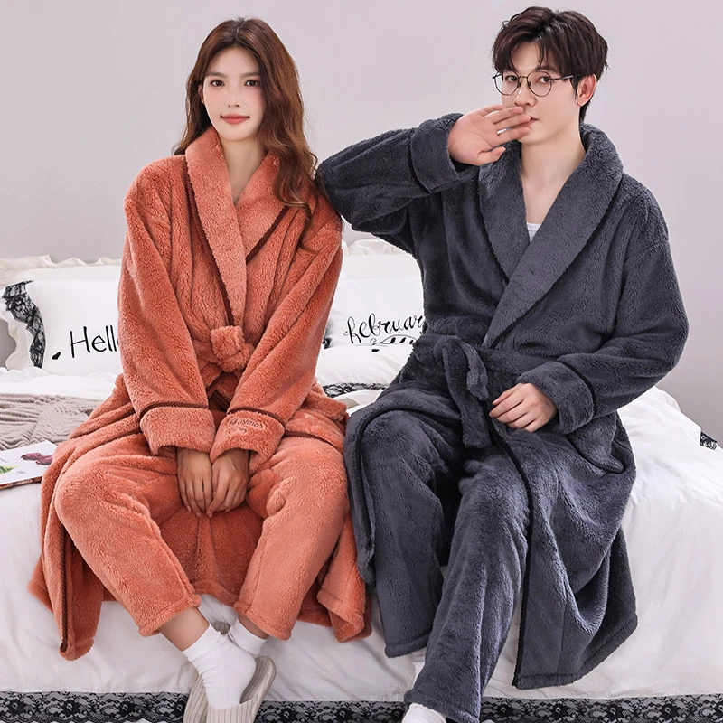 秋冬季情侣睡衣女长款法兰绒浴袍男加绒加厚珊瑚绒保暖浴衣家居服