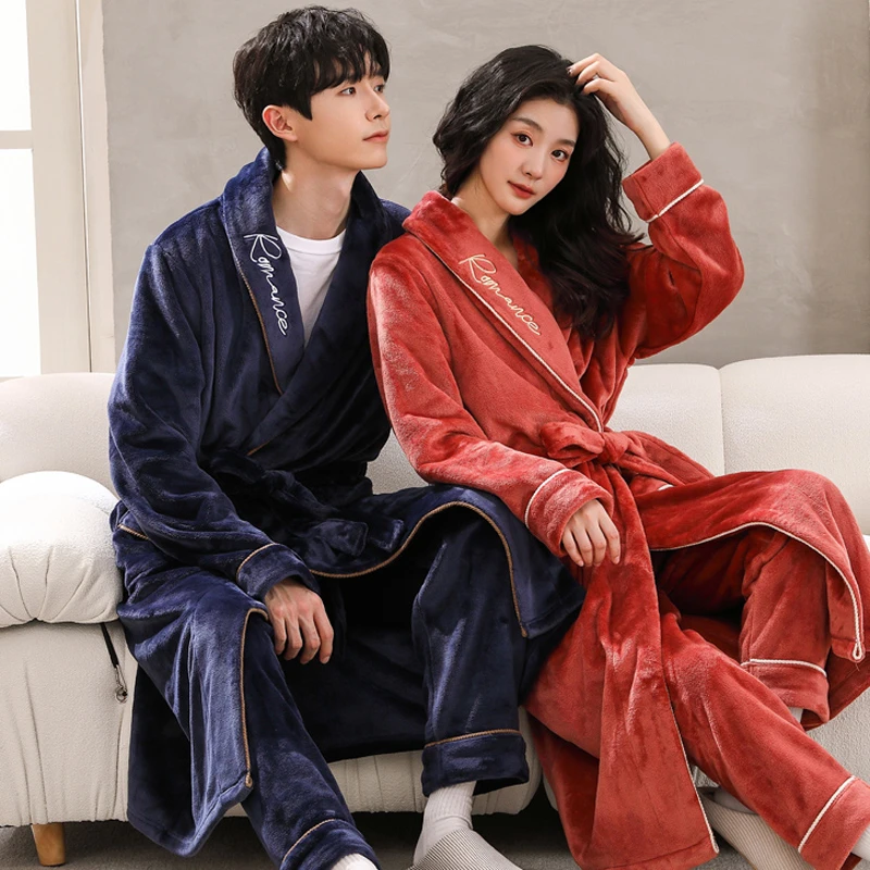 睡袍女冬珊瑚绒加厚加绒法兰绒浴袍男士长款睡衣家居服晨袍秋冬款