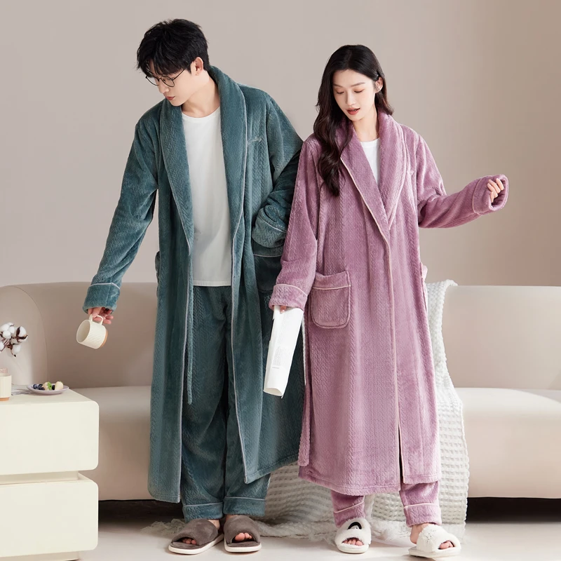睡衣女秋冬季加绒加厚法兰绒情侣浴袍男珊瑚绒长款睡袍家居服套装