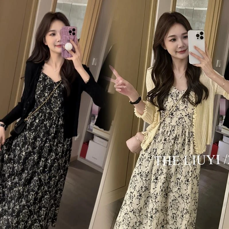 2025夏至未至夏季新款显瘦吊带连衣裙+百搭显瘦针织上衣两件套装