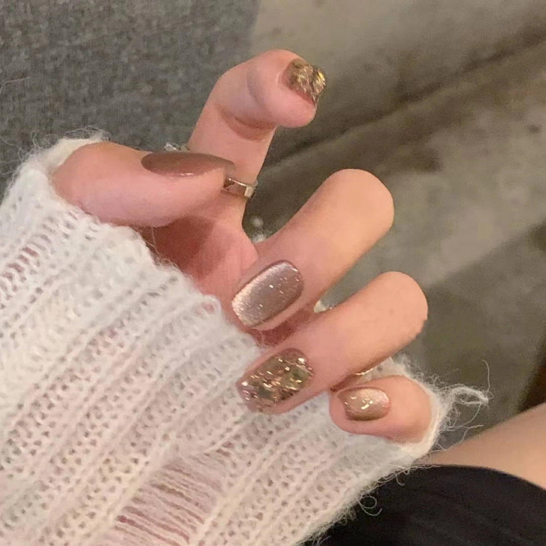 【短梯甲】冰美人香槟色猫眼穿戴甲美甲贴可拆卸假指甲