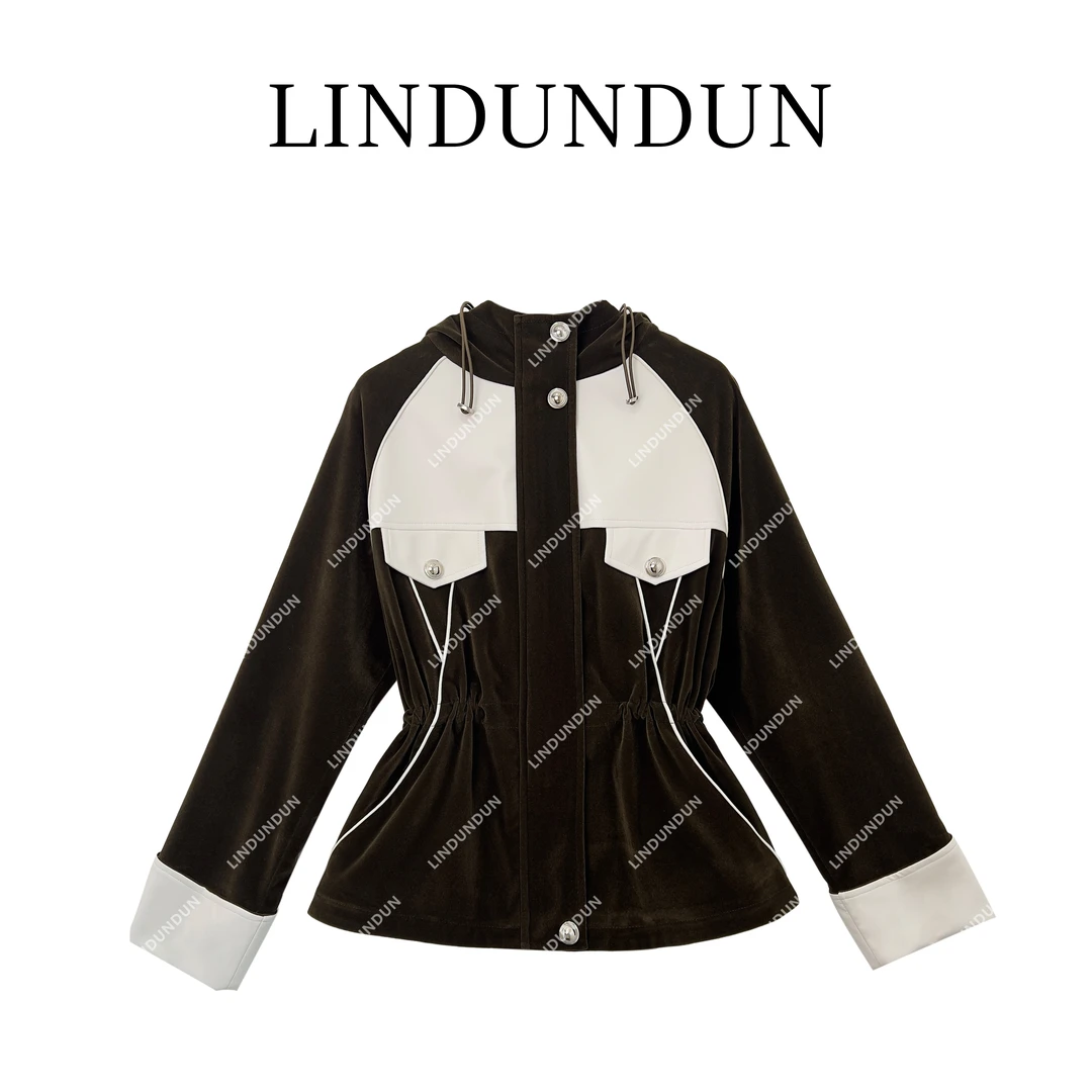 【伯牙绝弦】秋冬季气质时尚设计师拼色连帽收腰金丝绒外套-LD3101