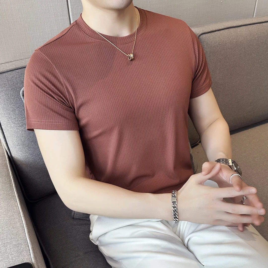 夏季薄款冰丝短袖t恤男潮流修身圆领纯色打底衫半袖T恤潮牌上衣男