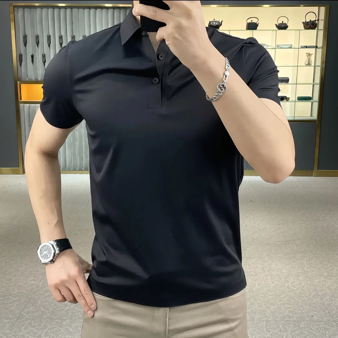 无痕冰丝polo衫男短袖夏季2025新款高级商务潮流修身条纹翻领t恤