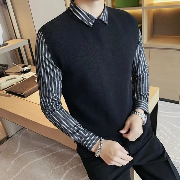 男士假两件衬衫领时尚毛衣秋冬季韩版潮流刺绣修身加绒条纹针织衫