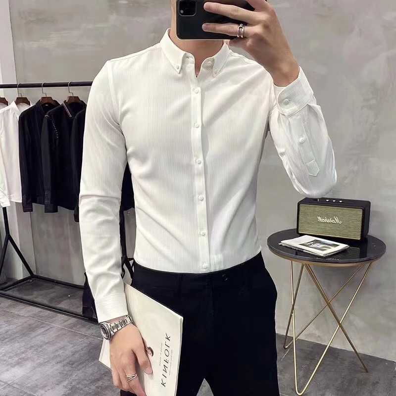 高级感百搭条纹衬衫男长袖修身衬衣设计感小众男装休闲痞帅白寸衫