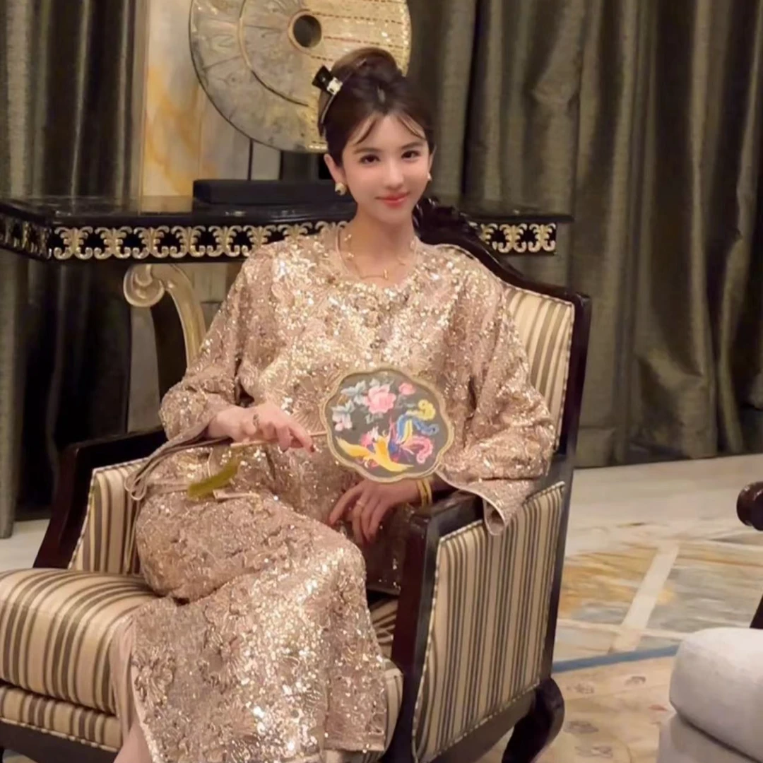 BABY ANNE【南洋风华】奢华香槟金订珠时尚套装上衣/半裙-PD233069