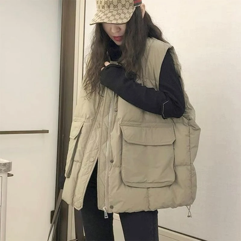 大口袋羽绒马甲女新款欧货大码韩款宽松时尚洋气白鸭绒马夹外套款