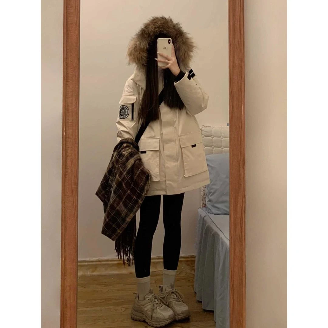 大毛领派克羽绒服服女2023冬季新款连帽棉袄外套宽松加厚工