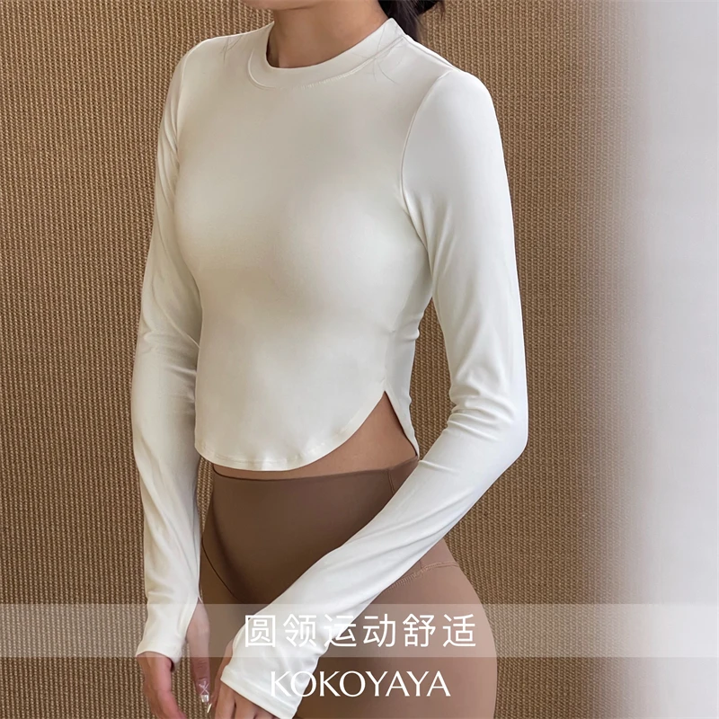 kokoyaya秋季长袖圆领健身衣女紧身高弹力训练内衣带胸垫瑜伽服