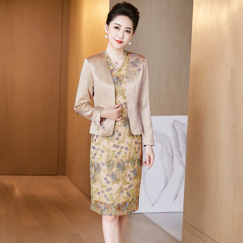 J10香槟色丈母娘刺绣妈妈礼服夏洋气年轻喜婆婆婚宴装春秋两件套