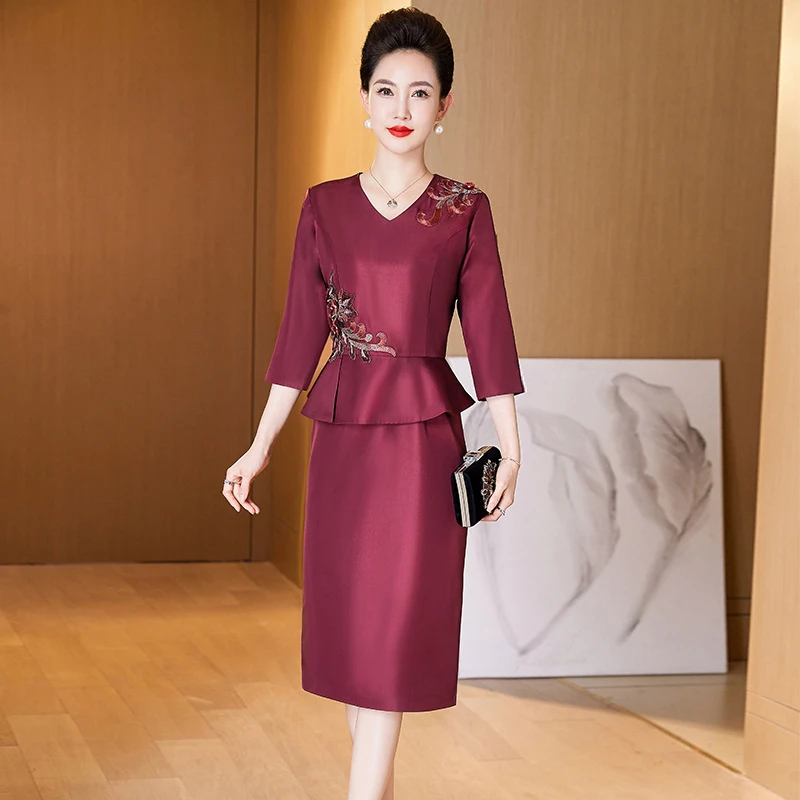 J37喜婆婆装婚宴假两件改良版旗袍高贵婚礼妈妈装优雅丈母娘礼服